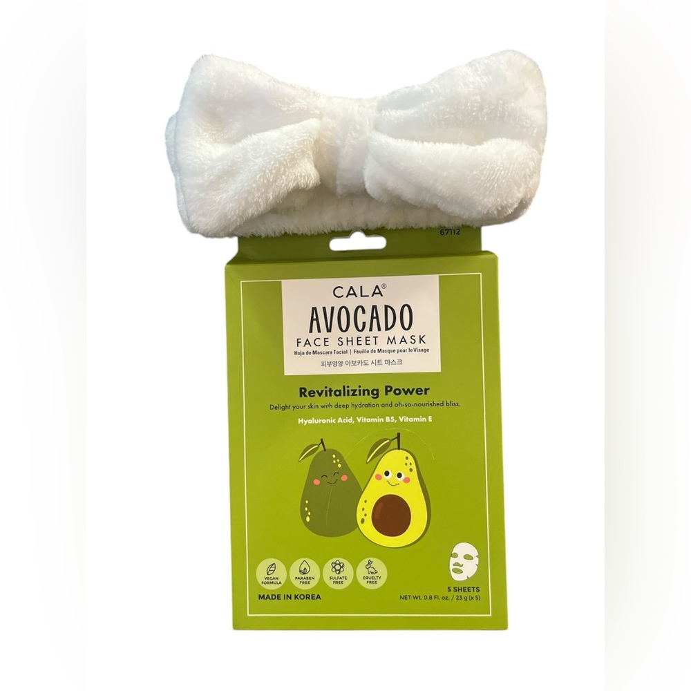 CALA Avocado Revitalizing Face Sheet Mask & White Plush Headband